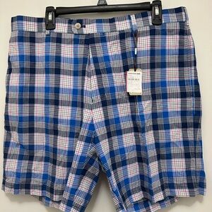 Peter Millar Blue Plaid Shorts with White and Pink Accents